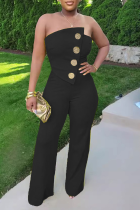 Black Sexy Casual Street Daily Vacation Buttons Solid Color Regular Jumpsuits