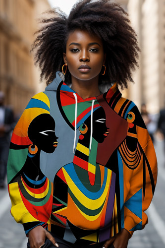 Multicolor Casual Print Basic Hooded Tops