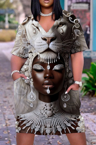 Grey Brown Casual Figure Print Pocket V Neck Short Sleeve Short Sleeve Dress