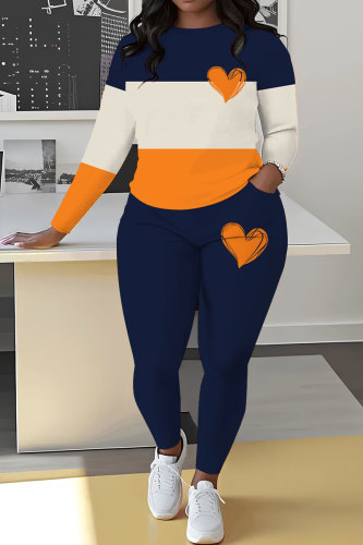 Orange Casual Love Print Contrast O Neck Long Sleeve Two Pieces