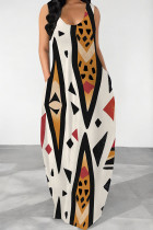 Yellow White Casual Print Pocket Patchwork O Neck Long Dresses