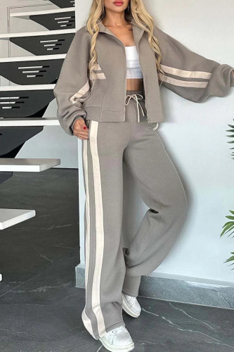 Grey Casual Stripe Patchwork Zipper Hooded Long Sleeve Two Pieces