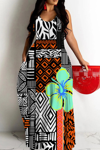 Black Orange Sexy Casual Floral Print Backless Spaghetti Strap Long Dresses
