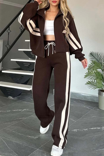 Dark Brown Casual Stripe Patchwork Zipper Hooded Long Sleeve Two Pieces