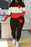 Rose Red Casual Love Print Contrast O Neck Long Sleeve Two Pieces