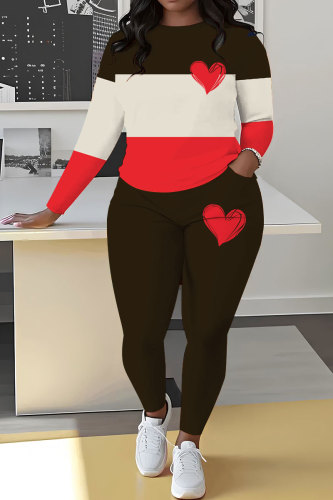 Red Casual Love Print Contrast O Neck Long Sleeve Two Pieces