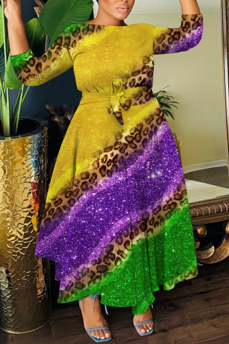 Yellow Casual Print Basic O Neck Long Dresses