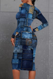 Dark Blue Casual Faux Denim Print Contrast O Neck Printed Dresses