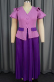Purple Elegant Buttons Patchwork Pleated V Neck Long Dresses