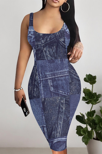Dark Blue Sexy Faux Denim Print Distressed Contrast U Neck Printed Dresses