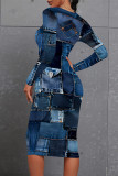 Dark Blue Casual Faux Denim Print Contrast O Neck Printed Dresses