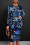 Dark Blue Casual Faux Denim Print Contrast O Neck Printed Dresses