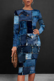 Dark Blue Casual Faux Denim Print Contrast O Neck Printed Dresses