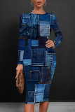 Dark Blue Casual Faux Denim Print Contrast O Neck Printed Dresses
