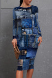 Dark Blue Casual Faux Denim Print Contrast O Neck Printed Dresses