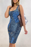Dark Blue Sexy Faux Denim Print Distressed Contrast U Neck Printed Dresses