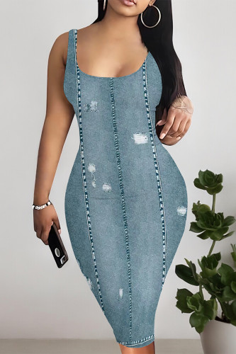 Baby Blue Sexy Faux Denim Print Distressed U Neck Printed Dresses