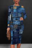 Dark Blue Casual Faux Denim Print Contrast O Neck Printed Dresses