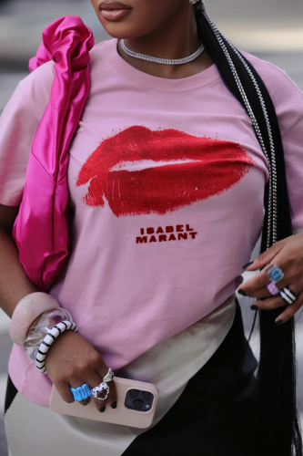 Pink Casual Lips Print Letters O Neck T-Shirts