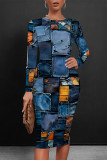 Dark Blue Casual Faux Denim Print Contrast O Neck Printed Dresses