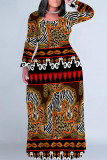 Black Brown Casual National Totem Print Pocket Contrast O Neck Printed Plus Size Dresses