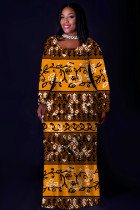 Orange Brown Casual National Totem Print Pocket Contrast O Neck Printed Plus Size Dresses