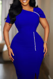 Royal Blue Elegant Solid Color Patchwork Beading Asymmetrical Collar Wrapped Skirt Dresses