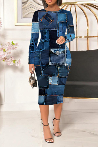 Colorful Blue Casual Faux Denim Print Contrast O Neck Printed Dresses