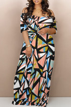 Orange Pink Sexy National Totem Geometric Print Flowers Contrast V Neck Printed Dresses
