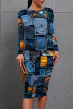 Dark Blue Casual Faux Denim Print Contrast O Neck Printed Dresses