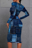 Dark Blue Casual Faux Denim Print Contrast O Neck Printed Dresses