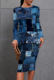 Dark Blue Casual Faux Denim Print Contrast O Neck Printed Dresses