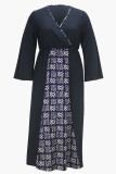 Tibetan Blue Casual Print Patchwork Slit V Neck Long Plus Size Dresses