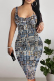 Dark Blue Sexy Faux Denim Print Distressed Contrast U Neck Printed Dresses