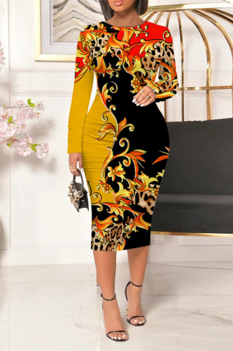 Black Yellow Casual Floral Print Leopard Contrast O Neck Printed Dresses