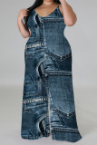 Gray Green Sexy Faux Denim Print Distressed V Neck Plus Size Jumpsuits(With a headscarf)