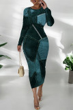 Gray Green Casual Faux Denim Print Distressed O Neck Printed Dresses