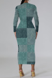 Gray Blue Casual Faux Denim Print Distressed O Neck Printed Dresses