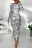 Gray Blue Casual Faux Denim Print Distressed O Neck Printed Dresses