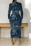 Gray Blue Casual Faux Denim Print Distressed O Neck Printed Dresses