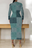 Gray Blue Casual Faux Denim Print Distressed O Neck Printed Dresses