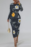 Gray Green Casual Faux Denim Print Distressed O Neck Printed Dresses