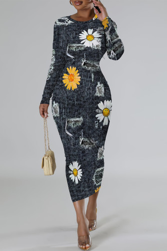 Black Gray Casual Faux Denim Print Distressed O Neck Printed Dresses