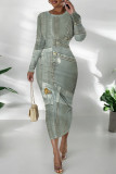 Gray Blue Casual Faux Denim Print Distressed O Neck Printed Dresses