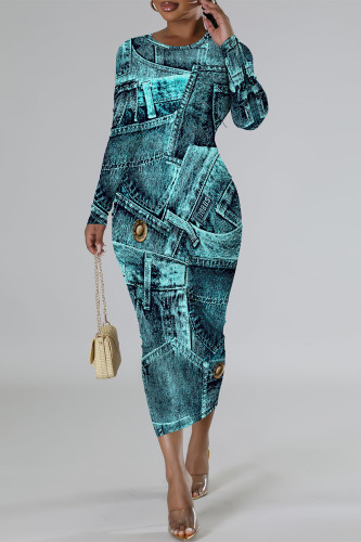 Turquoise Casual Faux Denim Print Distressed O Neck Printed Dresses