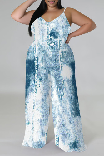 White Blue Sexy Faux Denim Print Distressed V Neck Plus Size Jumpsuits(With a headscarf)