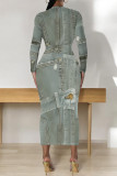 Gray Blue Casual Faux Denim Print Distressed O Neck Printed Dresses
