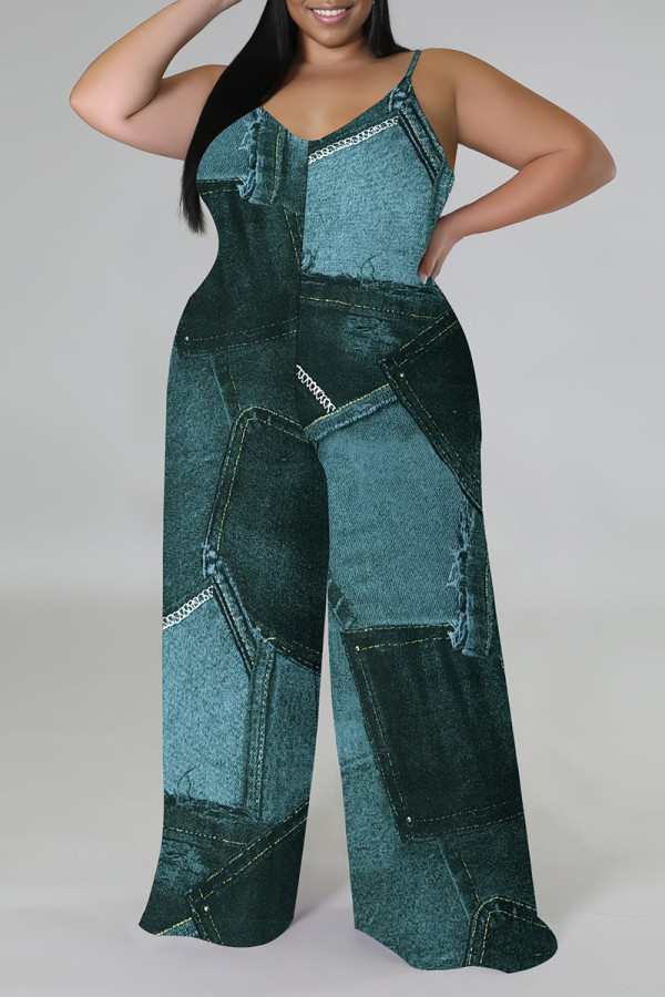 Gray Green Sexy Faux Denim Print Distressed V Neck Plus Size Jumpsuits(With a headscarf)