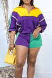 Purple Casual Patchwork Zipper Contrast Zipper Collar Long Sleeve Two Pieces