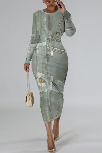 Light Green Casual Faux Denim Print Distressed O Neck Printed Dresses